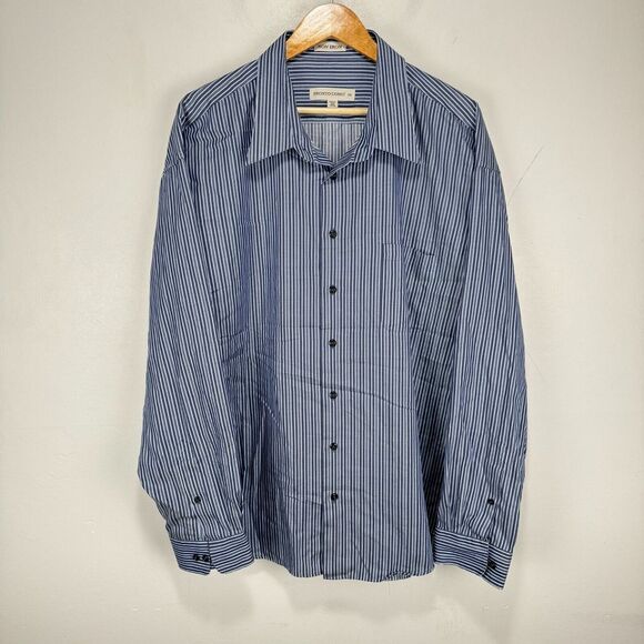 Pronto Uomo‎ Button Shirt Men 3X Big Navy Blue White Striped Non-Iron Cotton - Picture 1 of 8